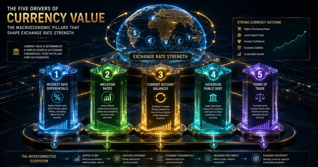 Five-pillar financial matrix displaying the macroeconomic drivers of currency appreciation and depreciation including interest rates, inflation, and trade balances.