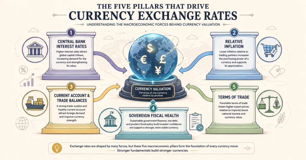 Flat vector infographic showing core macroeconomic pillars driving exchange rate valuations including interest rates, inflation, and trade balances.