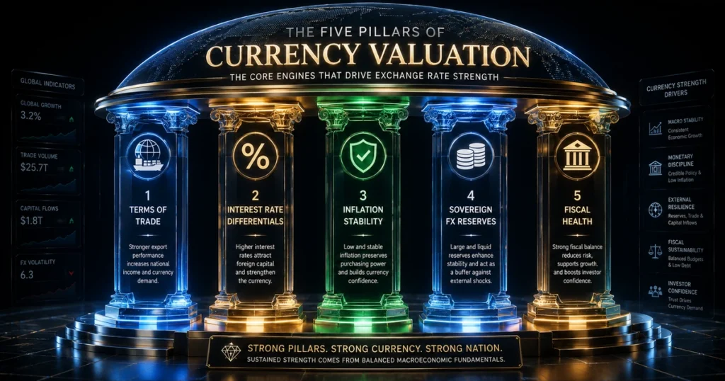 Diagram showing the five primary pillars of currency valuation: interest rates, terms of trade, inflation, reserves, and fiscal health.