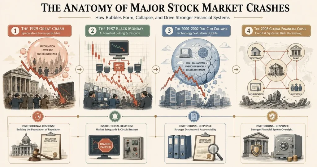 Flat vector infographic comparing major stock market crashes in history, including 1929, 1987, the dot-com bubble, and the 2008 financial crisis.