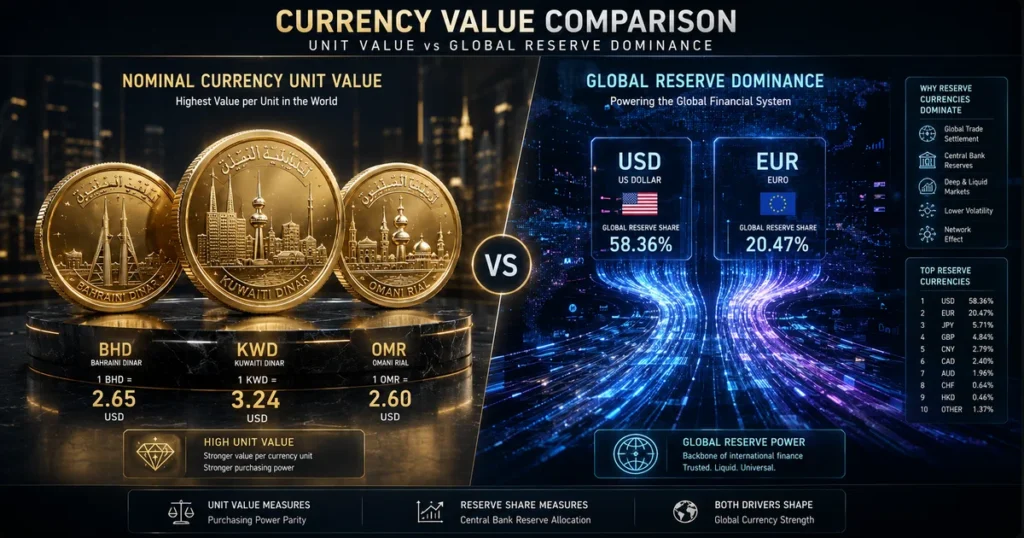 Infographic contrasting global currency value per unit with high global transaction volume currencies.