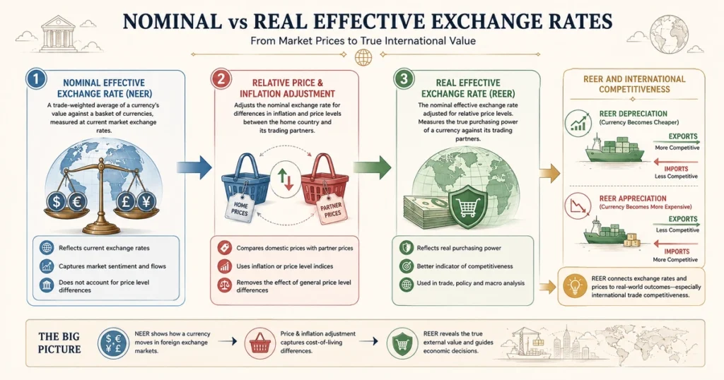 Flat vector illustration explaining the currency exchange rate, comparing nominal exchange rates with real effective exchange rates adjusted for inflation and trade weights.