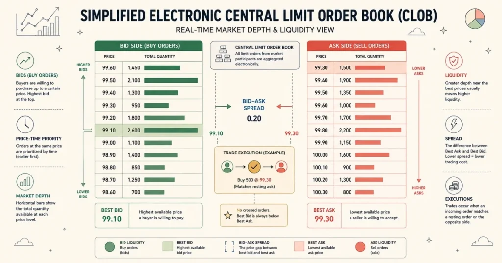 Flat vector infographic showing bid and ask queues, best bid, best ask, bid-ask spread, and market depth across multiple order-book price levels.