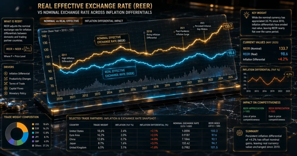 Analytical 3d financial line graph comparing nominal exchange rates with real effective exchange rates (reer) across inflation differentials.
