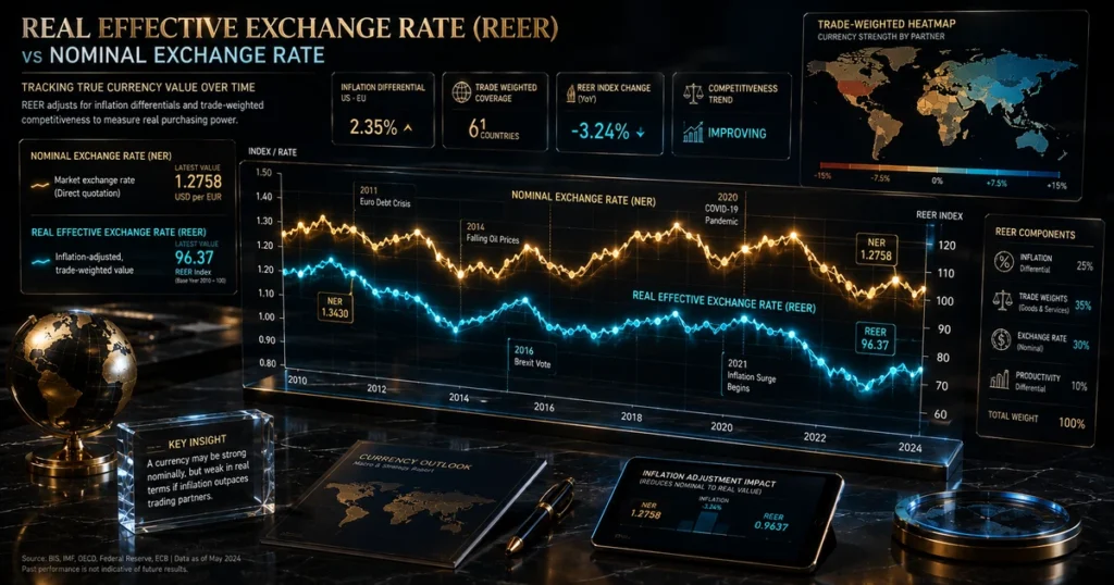 Financial graph illustrating nominal exchange rates adjusted for relative trade-weighted inflation.