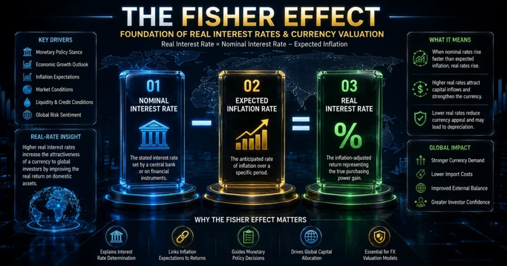 Interest rates and exchange rates: matrix diagram showing how inflation expectations adjust nominal interest rates to determine real yield differentials and currency valuation.