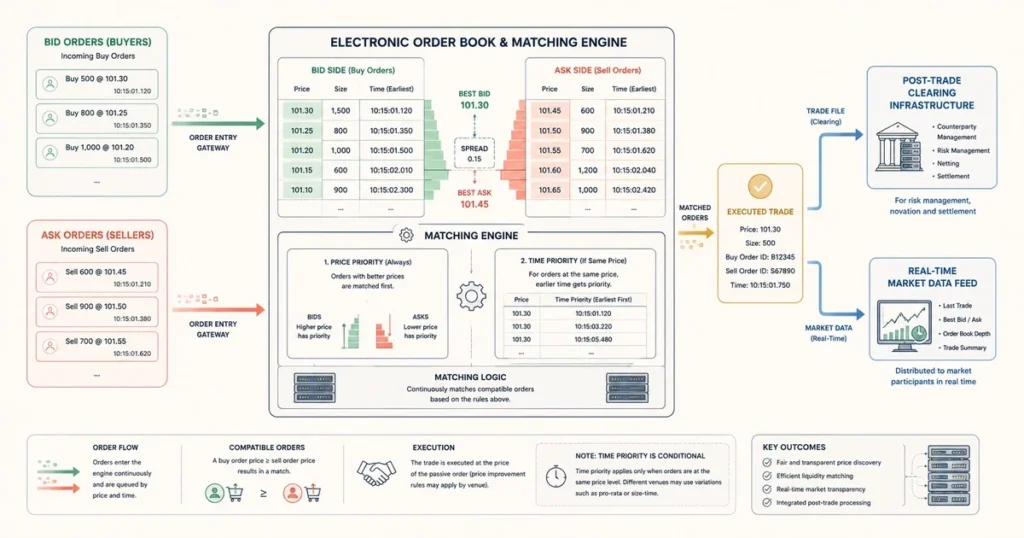 Flat vector diagram showing buy and sell orders entering an electronic order book and being matched according to the venue's applicable priority rules.