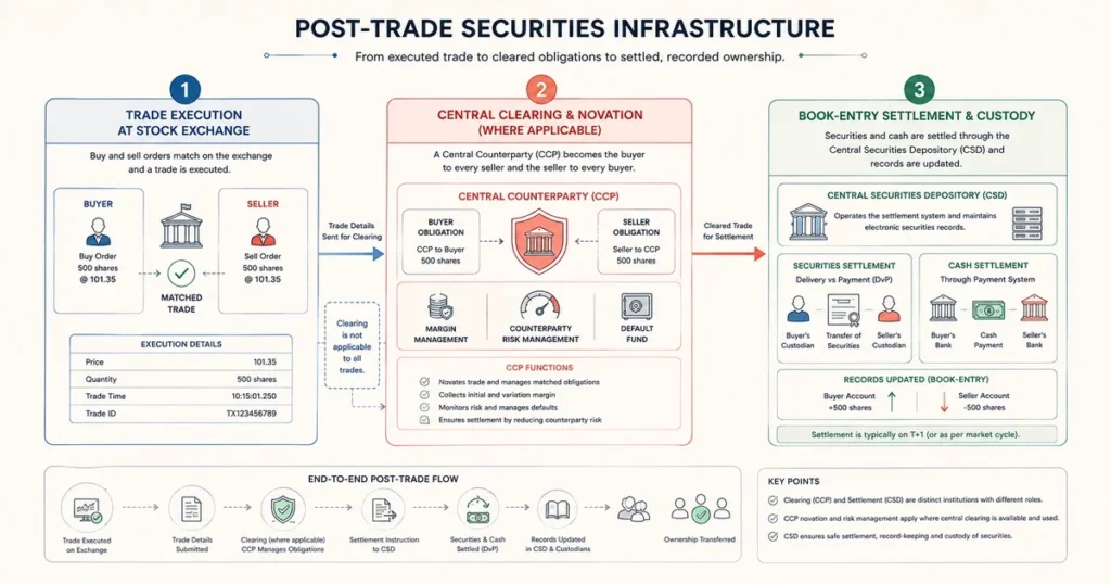 Flat vector infographic explaining what is a stock exchange through post-trade processing from exchange execution to applicable central clearing, securities settlement, and electronic custody records.
