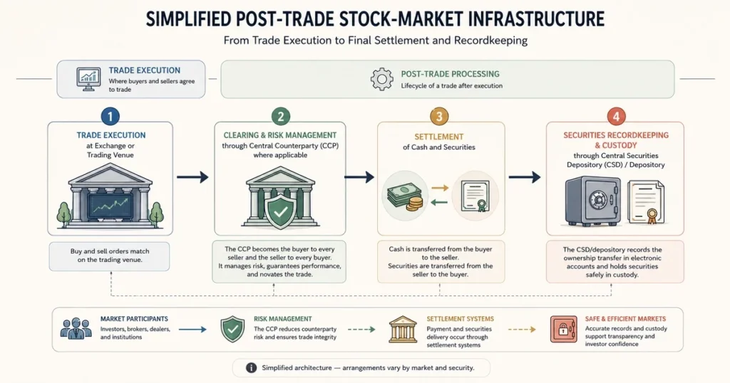 Flat vector flowchart illustrating simplified stock-market post-trade processing from trade execution through clearing, settlement, and securities custody.