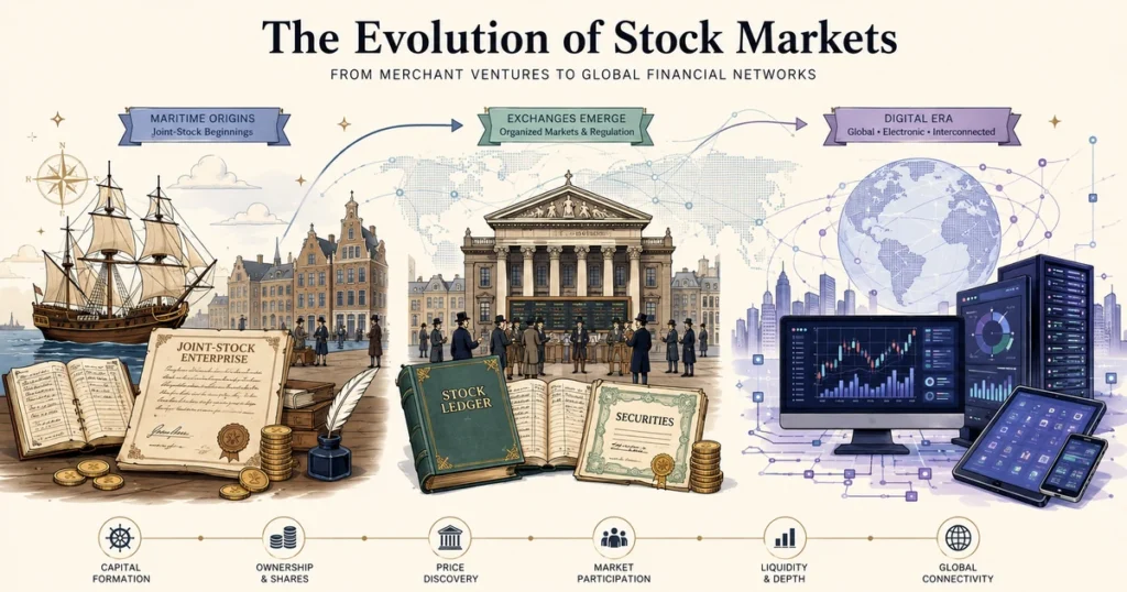 Flat vector infographic illustrating stock market history from early joint-stock enterprises to modern global electronic trading.