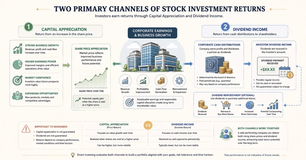 Flat vector infographic showing stock returns through capital appreciation and dividend income, with dividend reinvestment creating potential compounding.