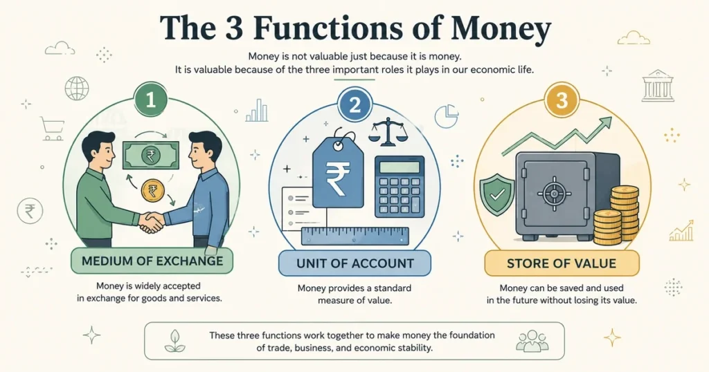 Minimalist vector infographic showing the three classical functions of money: medium of exchange, unit of account, and store of value.