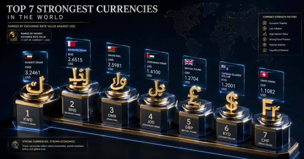 Visual ranking chart of the top 7 highest-value world currencies against the us dollar.