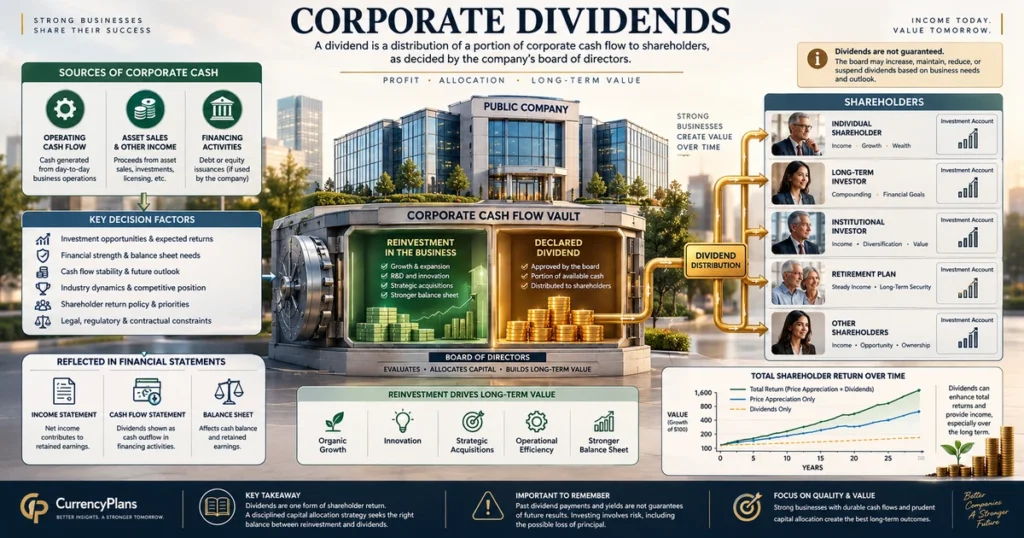 Clean vector illustration showing how corporate dividends are distributed from a company to eligible shareholders.