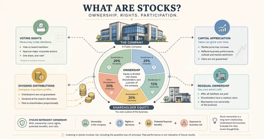 Flat vector infographic explaining what are stocks as corporate ownership interests, showing shareholder ownership, voting rights, dividends, and potential capital appreciation.