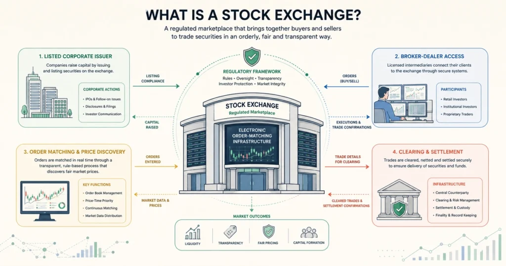 Clean flat vector infographic explaining what is a stock exchange, showing a regulated trading venue connected to listed companies, broker-dealers, order-matching infrastructure, and post-trade clearing and settlement systems.