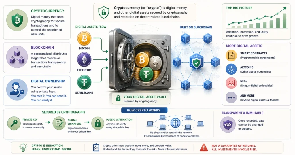 What is crypto illustration showing cryptocurrency, blockchain networks, digital assets, and cryptographic security