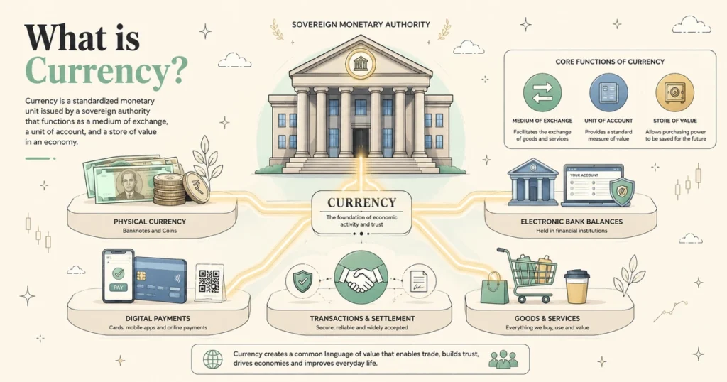 Clean flat vector illustration explaining what currency is, showing central bank legal tender, digital money transfers, and banknotes on a warm cream background.