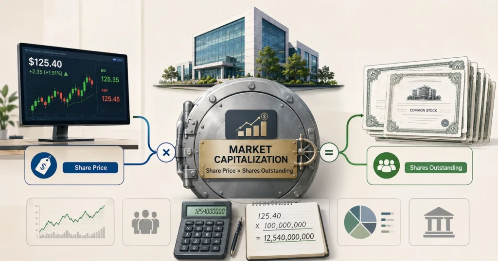 Market capitalization explained through share price and shares outstanding, showing how a public company's equity market value is calculated.