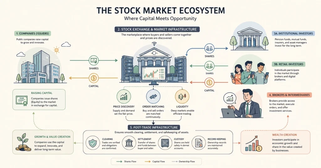 Flat vector infographic explaining what is the stock market as a global financial ecosystem connecting companies, investors, exchanges, trading venues, and market infrastructure.
