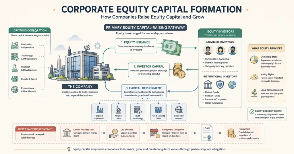 Flat vector diagram showing how companies raise permanent equity capital by issuing shares to investors without creating a contractual debt repayment obligation.