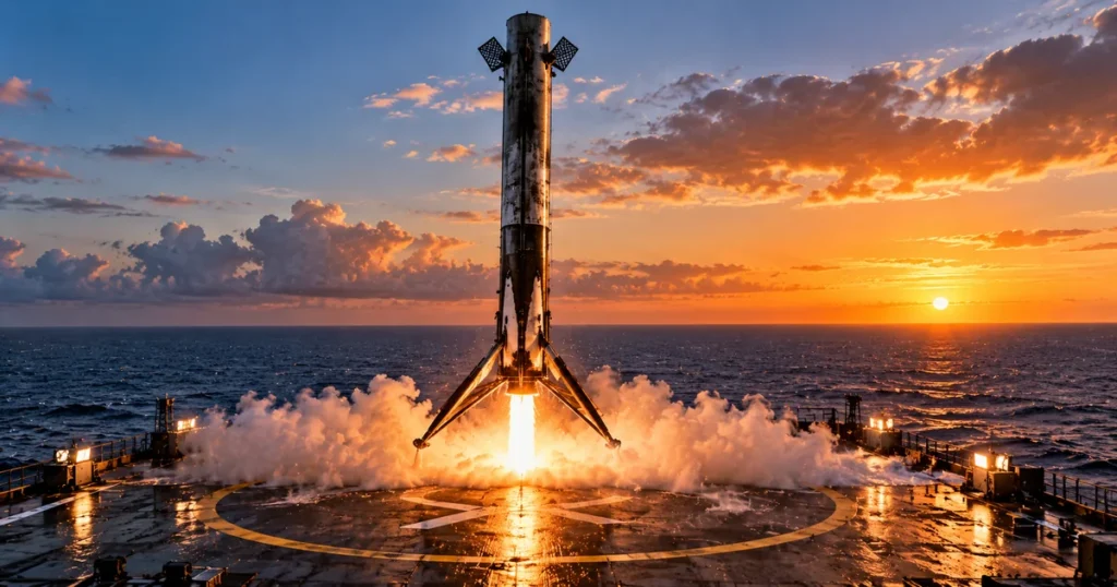 Spacex rocket booster landing upright on an autonomous ocean drone ship, showcasing the reusability model behind spcx stock.