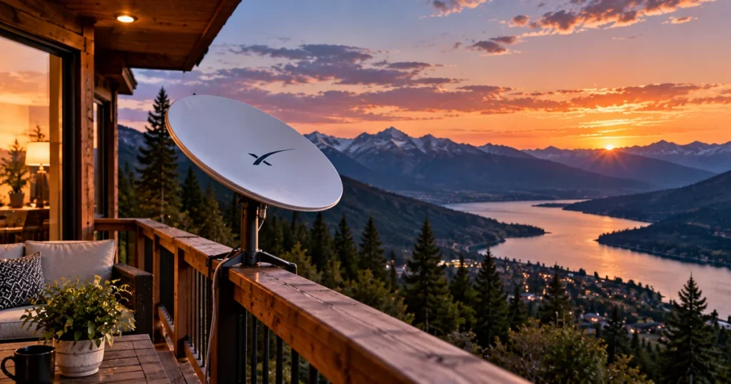 White starlink satellite dish installed on an outdoor railing.