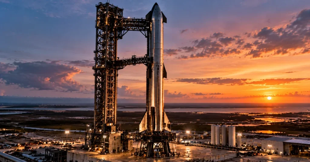 Stainless steel starship vehicle positioned on an orbital launch mount in texas.