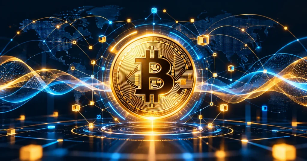 2d flat vector illustration of a glowing gold bitcoin token navigating through dynamic digital energy waves and geometric data nodes.