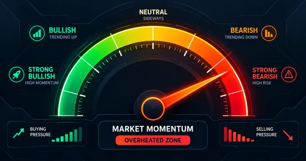 Btcusdt at $84,189: rsi hits 89 as bitcoin tests $85k resistance 2d flat minimalist illustration of an abstract digital momentum gauge glowing in red and orange to represent high-velocity market expansion.