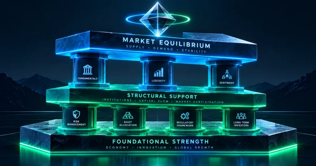 Btcusdt at $84,189: rsi hits 89 as bitcoin tests $85k resistance 2d flat architectural illustration of multi-tiered horizontal platforms and geometric balance scales in dark digital blue and cyan, mapping support and resistance for btcusdt.