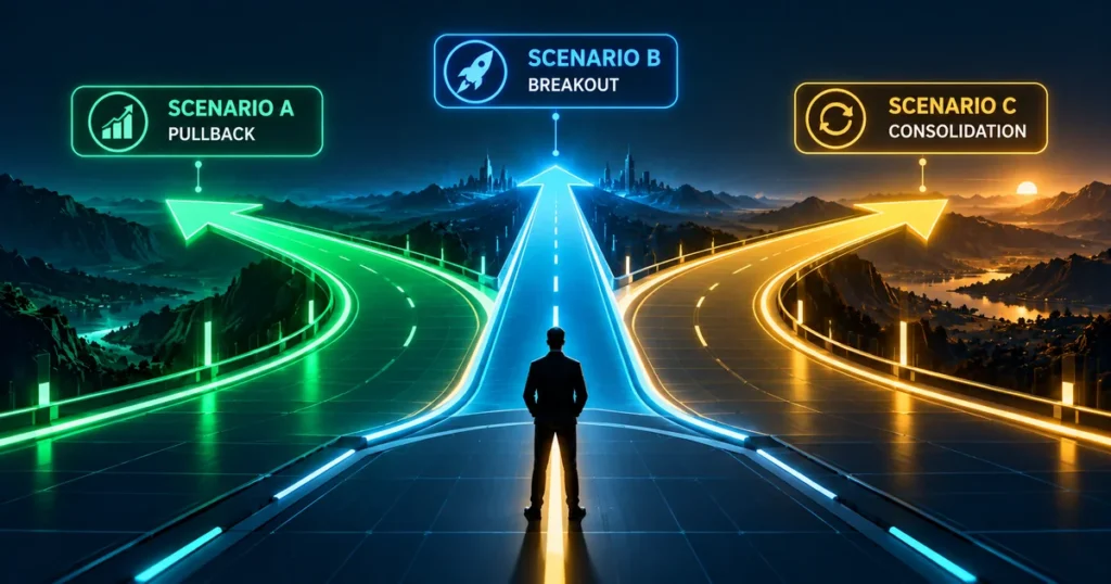 Btcusdt at $84,189: rsi hits 89 as bitcoin tests $85k resistance 2d flat vector illustration of three diverging luminous strategic paths through a digital blockchain landscape.