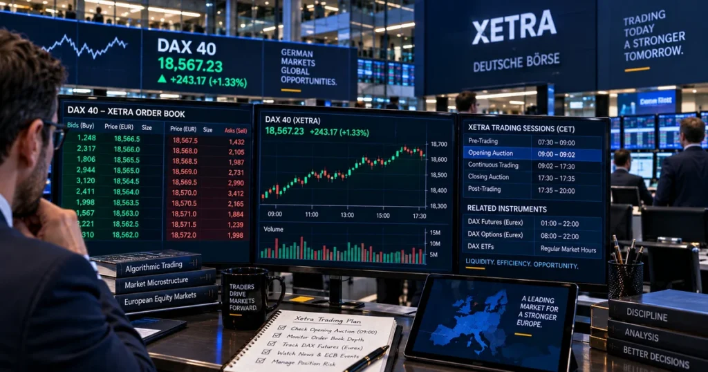 Detailed electronic trading screen showing xetra order book depth, opening auction spreads, and core cash session hours for the germany dax 40.