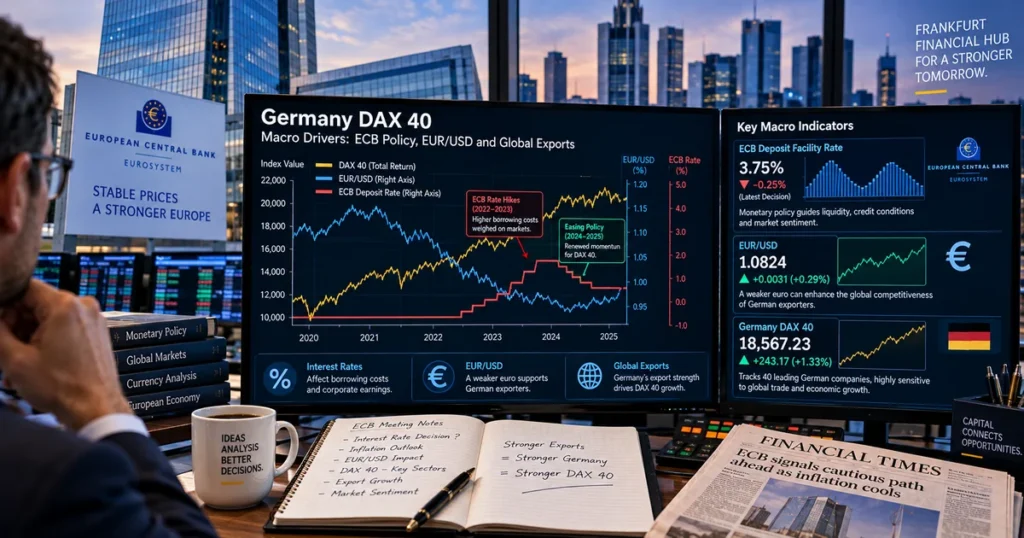 Multi-monitor trading terminal displaying the relationship between european central bank interest rates, eur/usd currency exchange fluctuations, and germany dax 40 performance.
