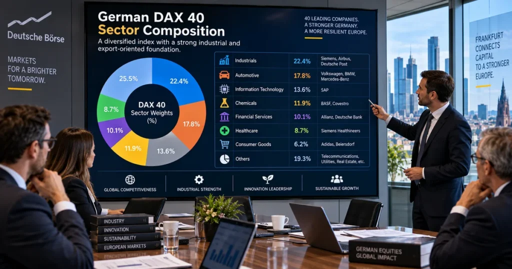 Visual financial infographic detailing the sector composition of the germany dax 40, highlighting industrial goods, technology, automotive, and healthcare.