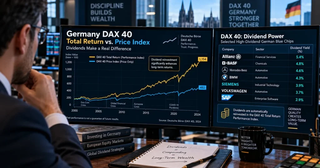 Comparative financial chart contrasting the germany dax 40 total return performance index against a traditional price-only index to display dividend reinvestment.