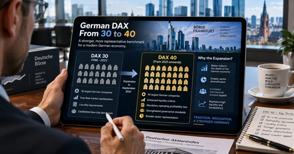 Analytical display detailing the historical structural expansion of the germany dax 40 from 30 components, outlining governance and profitability requirements.
