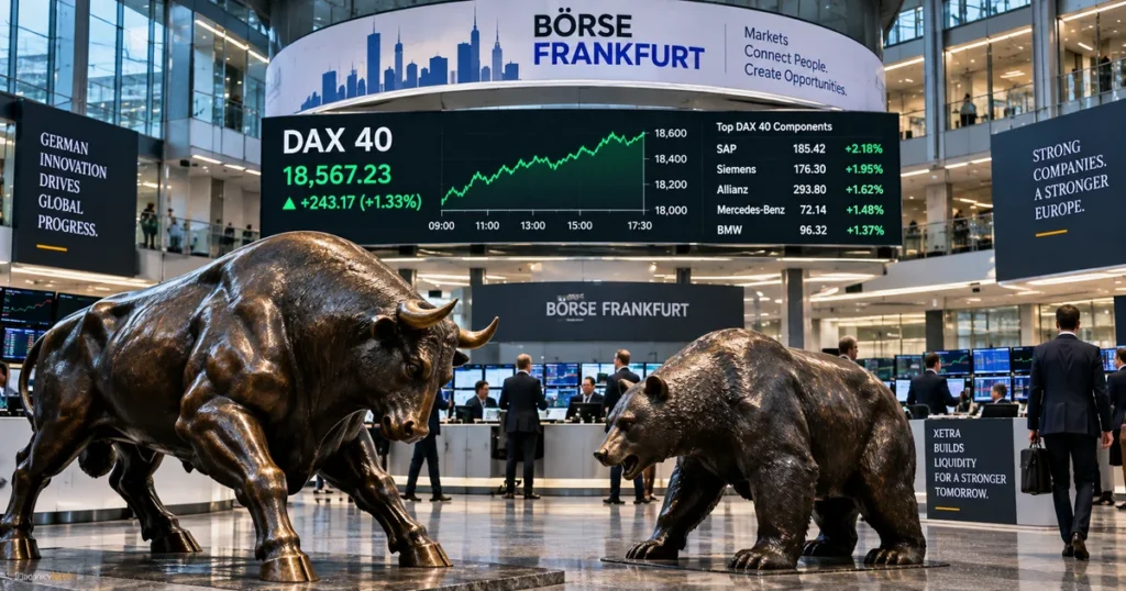 Frankfurt stock exchange trading floor showing the bronze bull and bear statues in the foreground and electronic ticker displays showing the germany dax 40 index.