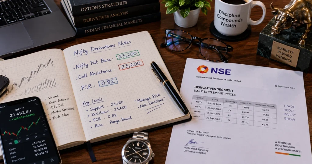 Nifty 50 crash: why stocks are falling for the 5th week & what happens next Top-down desk view of an institutional equity derivatives analyst in mumbai reviewing trade settlement documents, open interest summaries, and technical levels.