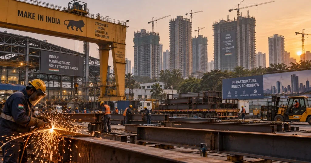 Nifty 50 crash: why stocks are falling for the 5th week & what happens next Industrial photograph of structural steel fabrication and urban residential high-rise construction in india.