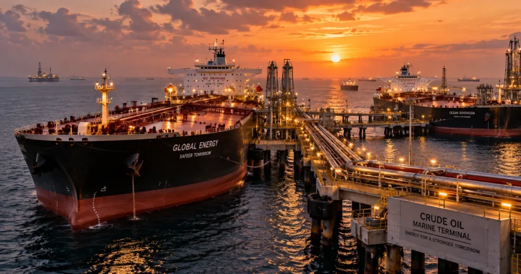 Nifty 50 crash: why stocks are falling for the 5th week & what happens next Industrial panoramic photograph of maritime crude oil tankers docked at an offshore terminal under sunset skies.