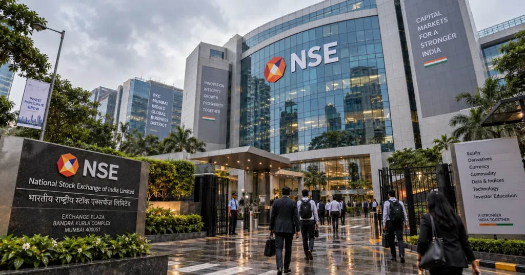 Nifty 50 crash: why stocks are falling for the 5th week & what happens next Architectural exterior photograph of the national stock exchange of india (nse) headquarters building in bandra kurla complex mumbai under monsoon skies.