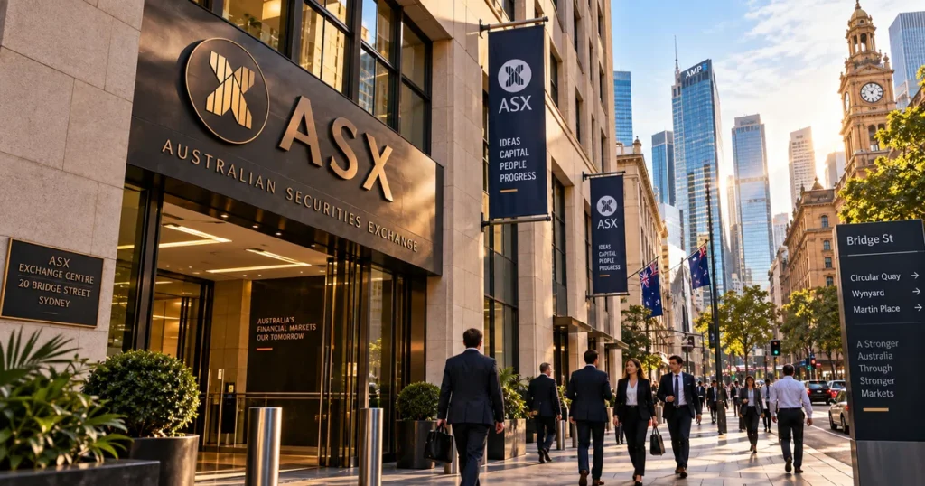 Street-level architectural photograph of the australian securities exchange building on bridge street in sydney anchoring the benchmark asx 200.