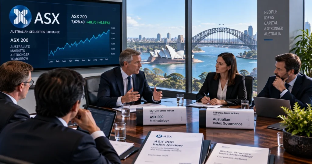 Institutional index committee members reviewing asx 200 methodology papers in a sydney financial district boardroom overlooking sydney harbour.