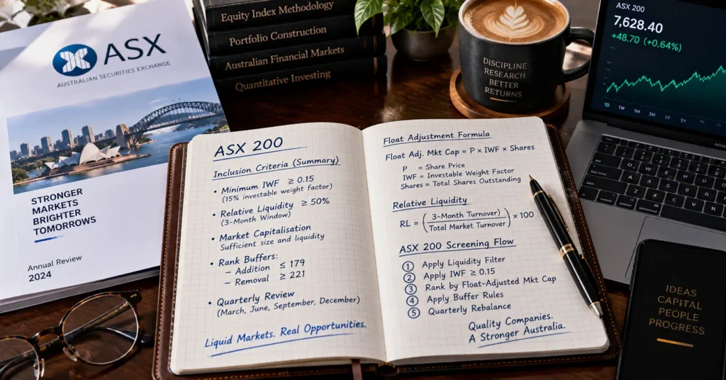 Executive desktop still life featuring an open leather notebook with handwritten mathematical formulas for asx 200 float adjustment and liquidity turnover ratios.