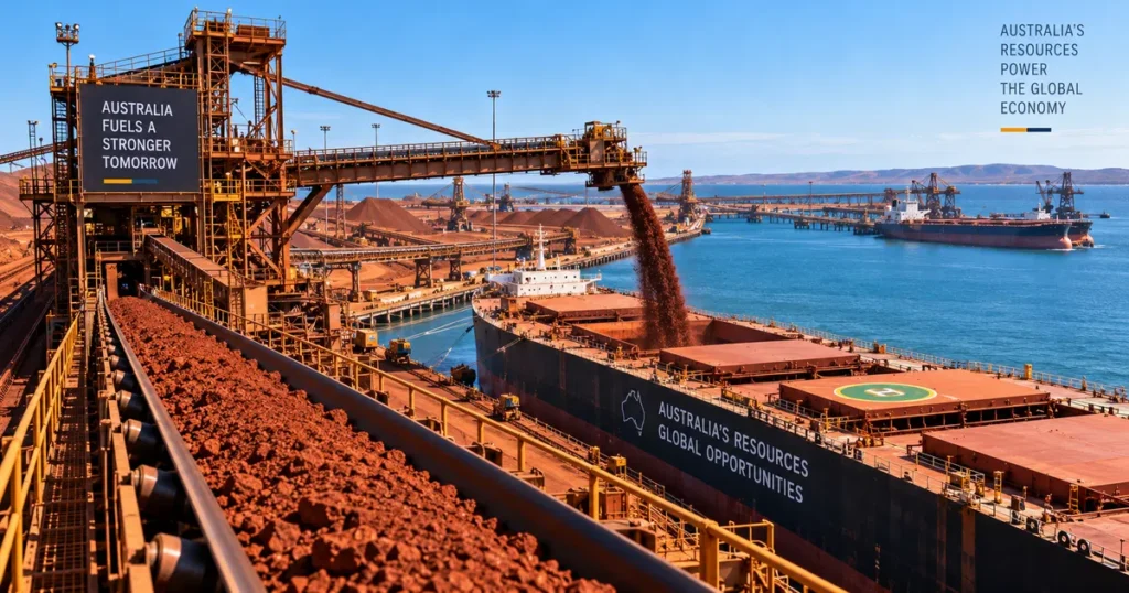 Industrial panoramic photograph of a western australian iron ore export terminal with bulk carriers, representing the dominant materials sector of the asx 200.