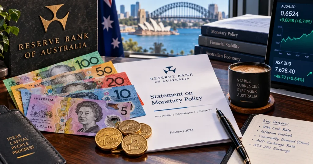 Macro photograph of australian dollar polymer banknotes, gold coins, and official reserve bank of australia monetary policy publications on a mahogany desk.