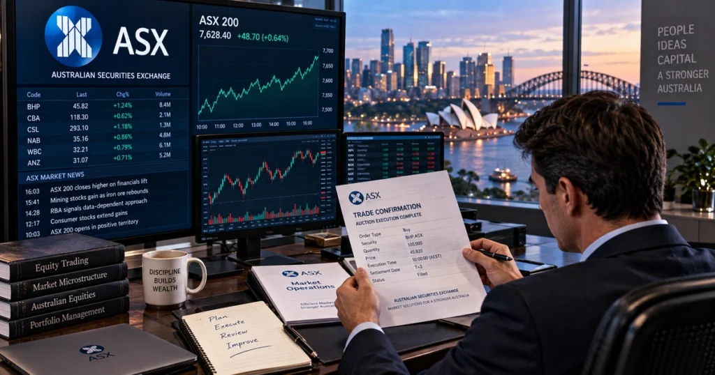 Institutional equity trader at a sydney financial firm reviewing printed trade allocation confirmations following the asx 200 single opening and closing cross auctions.