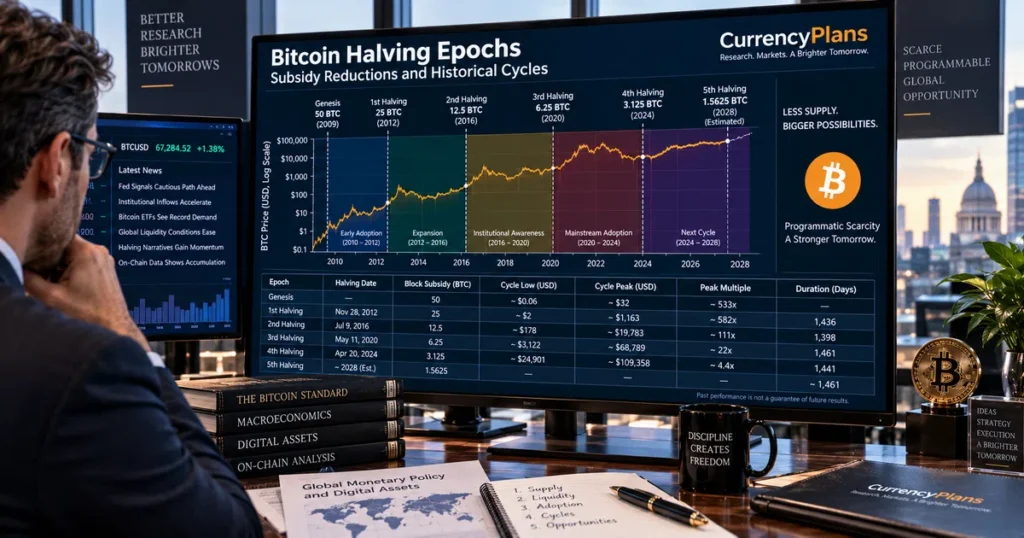Analytical workstation screen displaying the bitcoin halving timeline from 2012 to 2028, detailing block subsidy reductions and historical peak drawdowns.