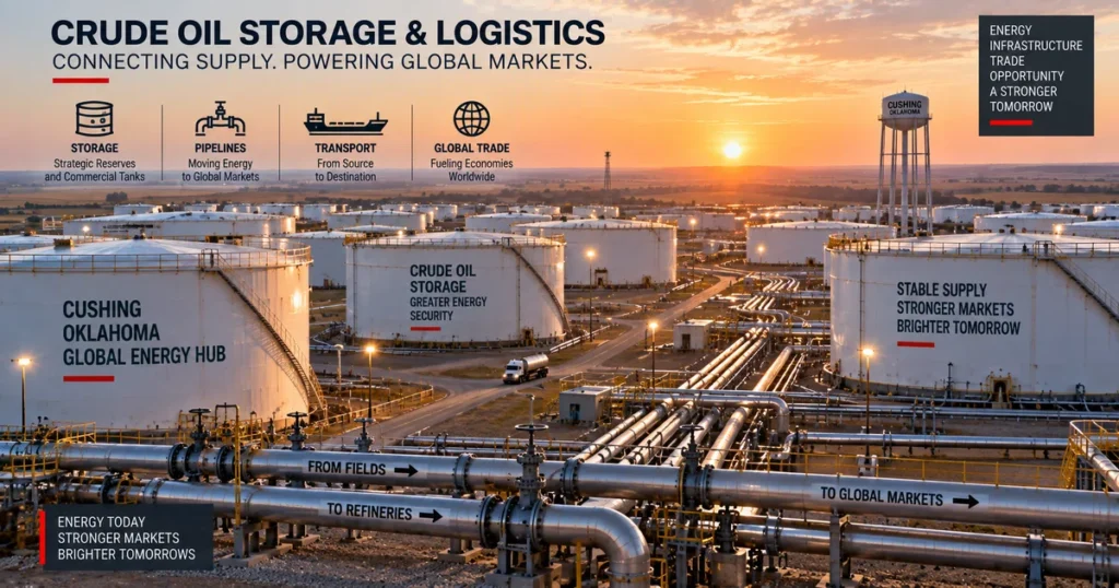 Crude oil: the complete guide to global benchmarks, pricing mechanics, and geopolitics Massive crude oil storage tanks with floating roofs and interconnected pipeline manifolds at the cushing, oklahoma physical delivery terminal.